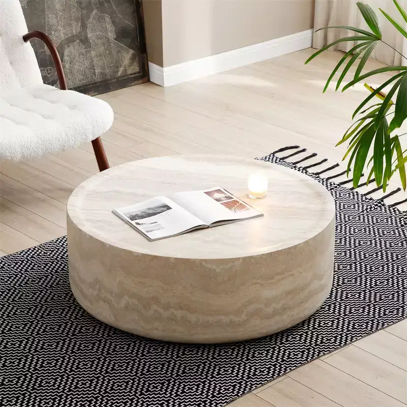 Round Fiberglass Drum Coffee Table, Modern Centerpiece, No Assembly Needed, for Living Room or Office