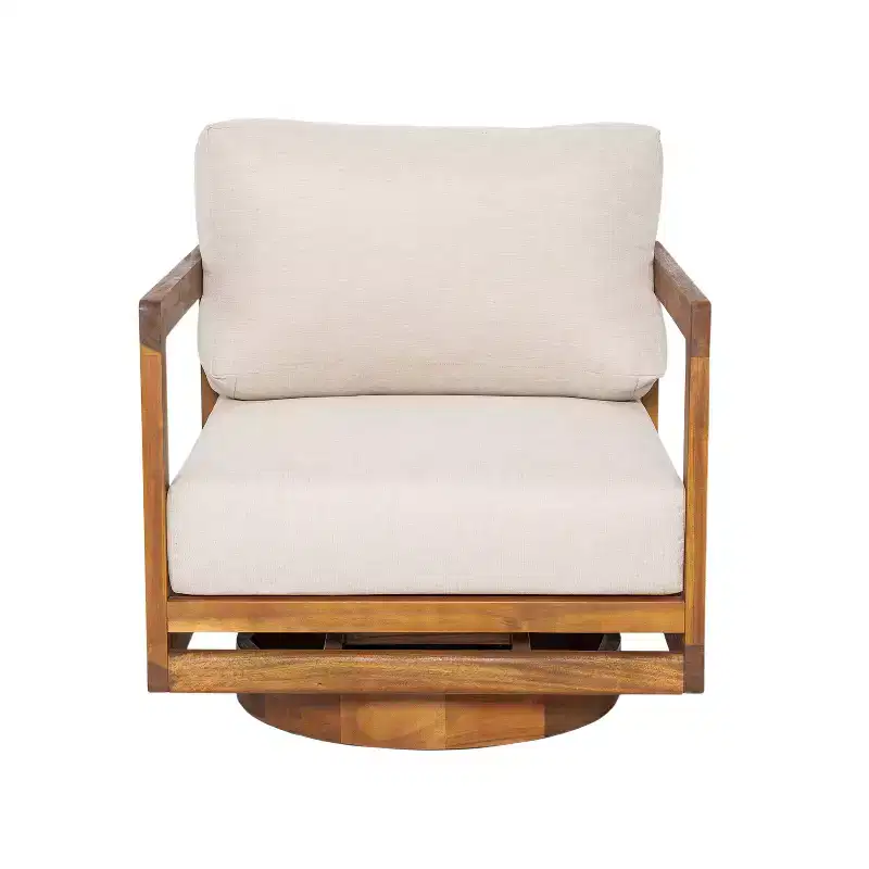 ModernLuxe Outdoor 360 Swivel Lounge Chair, Teak Finish Acacia Wood Frame with Beige Cushion, Weather-Resistant Patio Chair