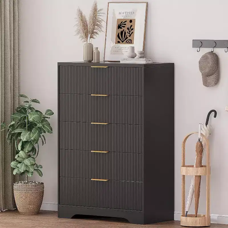 Acekool 5-Drawer Fluted Dresser, Modern Tall Chest with Gold Metal Handles, Storage Organizer Cabinet for Bedroom, Closet, Entryway, Living Room