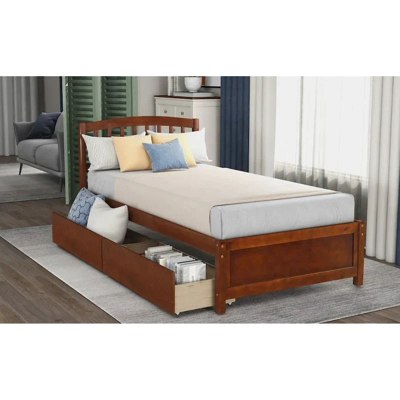 Twin Size Wood Platform Bed with Two Drawers and Headboard