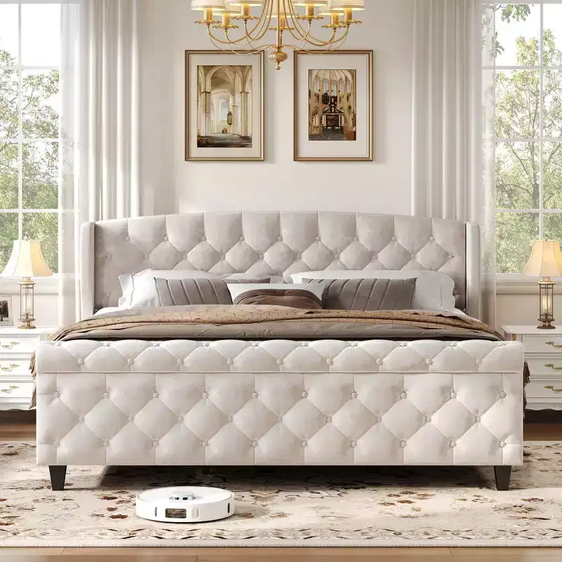 Whisen 43.3 King Sleigh Platform Bed Frame with Wingback Headboard, Scroll Footboard, Button Tufted Velvet, Rust-Resistant Hardware, Easy Assembly