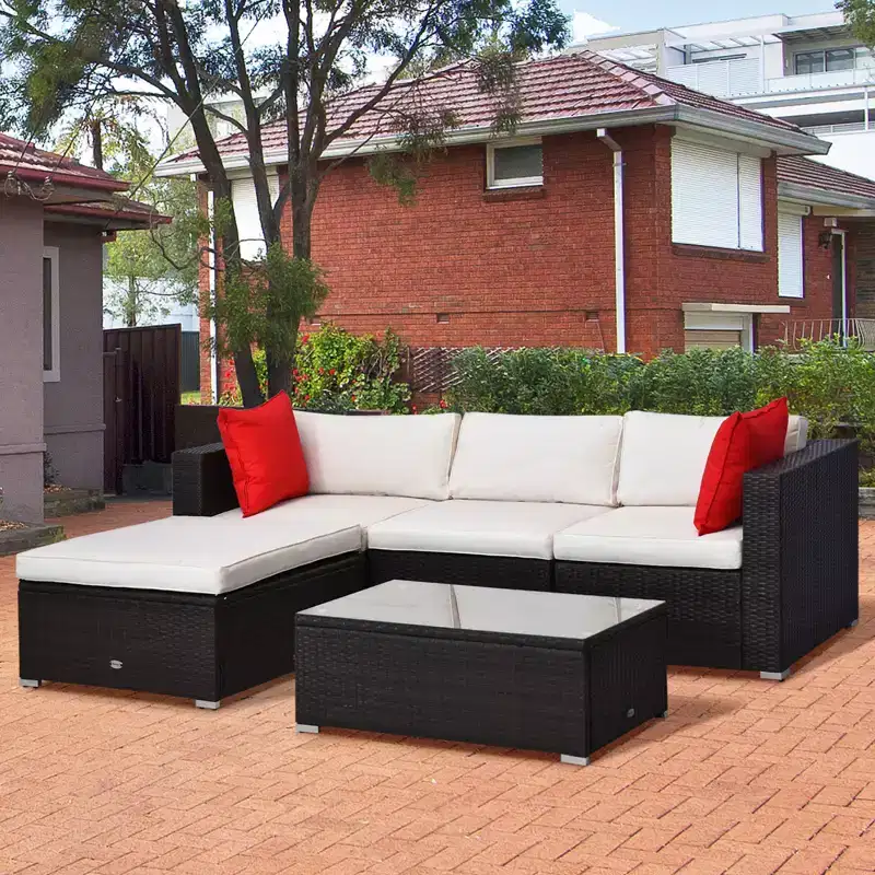 5-Piece Patio Furniture Set with Cushions, Outdoor PE Rattan Wicker Sofa Set, Sectional Furniture with Pillows, Glass Coffee Table for Garden
