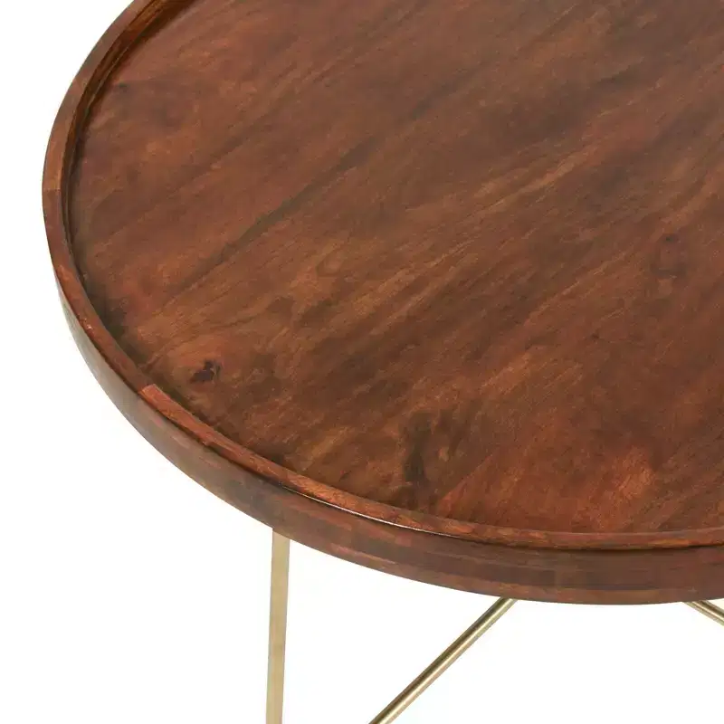 32.38" Round Coffee Table Natural/Gold: Mango Wood Top, Criss Cross Brass Base, No Assembly Required