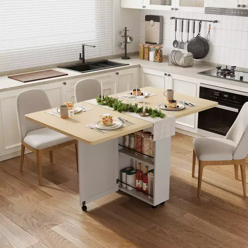 Folding Dining Table for Small Spaces, Multifunctional Drop Leaf Table with Storage Cabinet, Drawer & Wheels, Seats 4, Space-Saving Kitchen Island