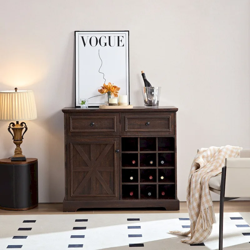 Farmhouse Buffet Cabinet with Storage Sideboard with 2 Drawers, Wine Bar Cabinet with Removable Wine Racks Storage Shelves