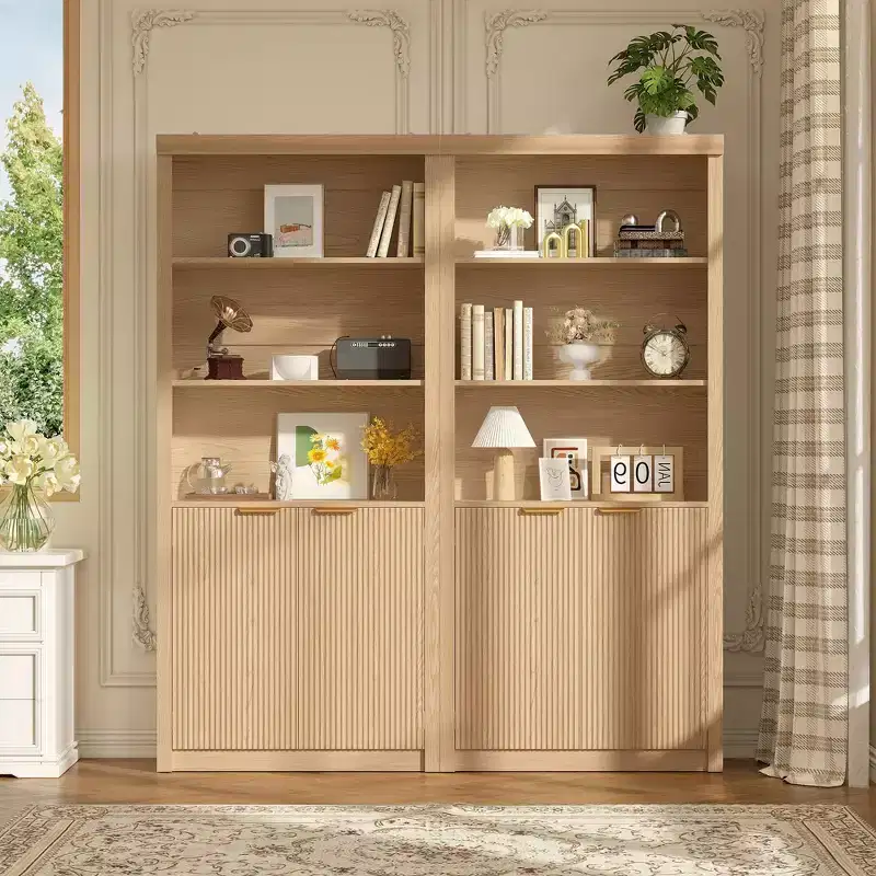 71 Tall Bookshelf with Fluted Doors, 5 Tier Bookcase Display Shelves with Storage Cabinet & Adjustable Shelf, Mid-Century Modern Bookshelves