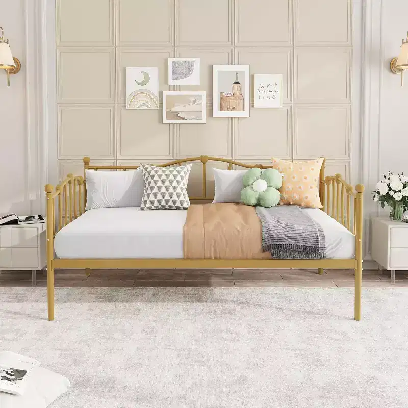 Twin Size Daybed Frame, Metal Platform Sofa Bed with Stylish Headboard, Heavy Duty Steel Slat Support, Space Saving for Living Room