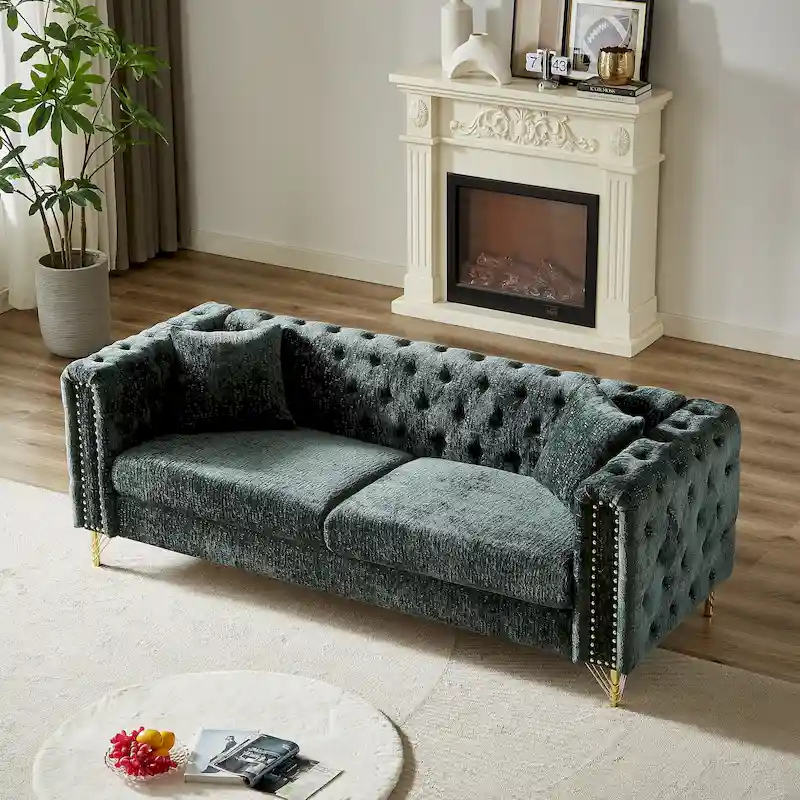 3-Seat Chenille Tufted Chesterfield Sofa with Metal Legs