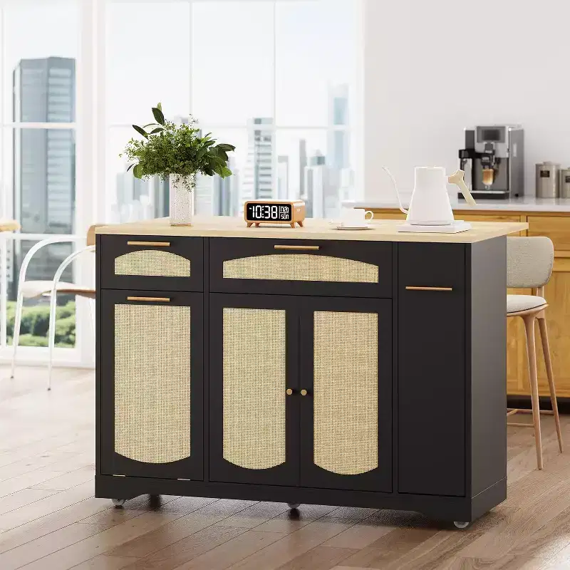 53 Rolling Kitchen Island with Rattan Doors & Drop-Leaf Breakfast Bar, Storage Cabinet with Hidden Trash Bin
