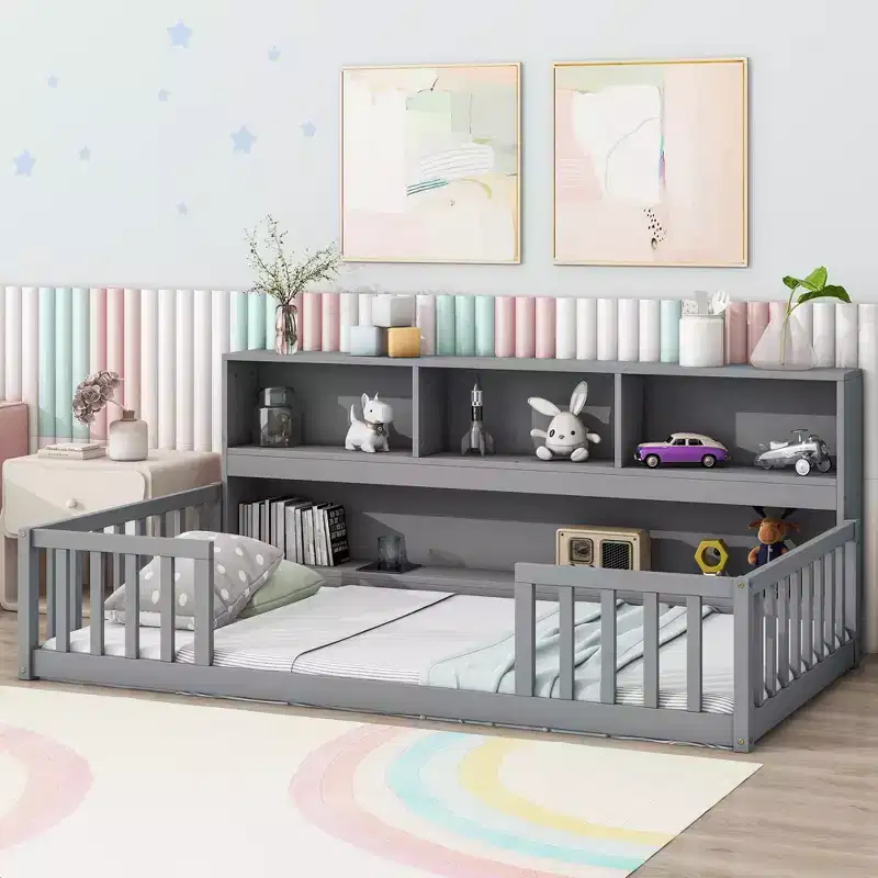 Twin Floor Bed with Bookcase & Guardrails