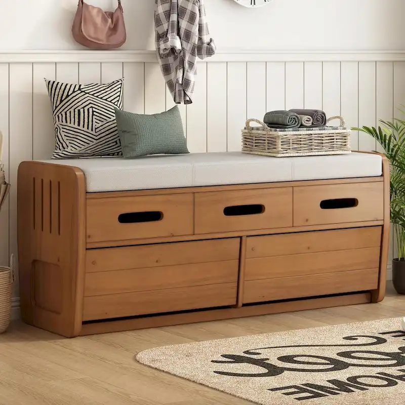 Rustic Storage Shoe Bench with 2 Drawers, Hidden Storage, and 3 False Top Drawers