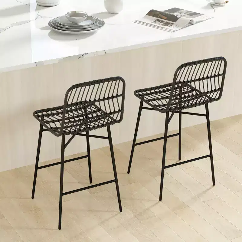 HOMCOM Rattan Counter Height Bar Stools Set of 2, 26 Wicker Barstools with Back, Bar Chairs for Kitchen Island, Kitchen Counter, Dining Room, Black