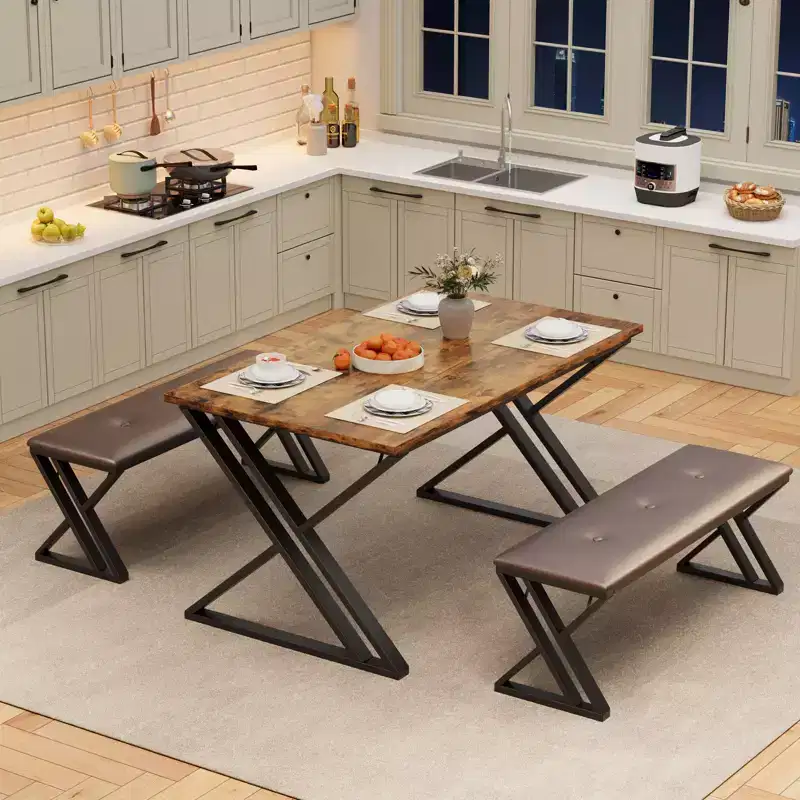 Dining Table, Kitchen Table for 4, 3 Piece Dining Table with 2 Benches for Small Space, Apartment, Dining Room, Saving Space