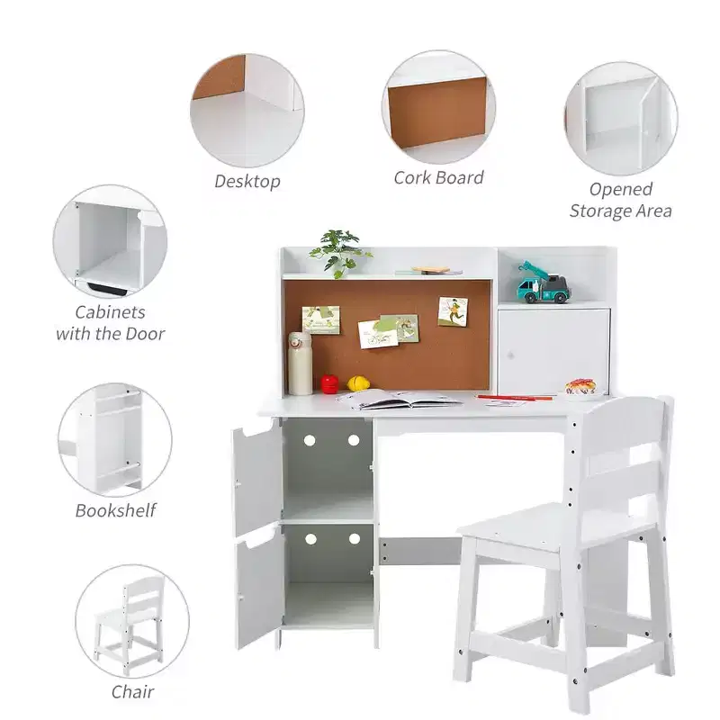 Kids Desk and Chair Set with Hutch, Wooden Study Table with Bookshelf, Storage & Cork Board, Children's Writing Desk for Home School, White