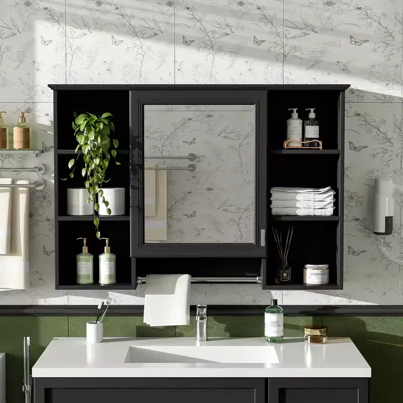 41 Inch Bathroom Wall Cabinet, Wall Mounted Medicine Cabinet with Towel Rack & Open Shelves, Over Toilet Floating Storage Cabinet for Bathroom