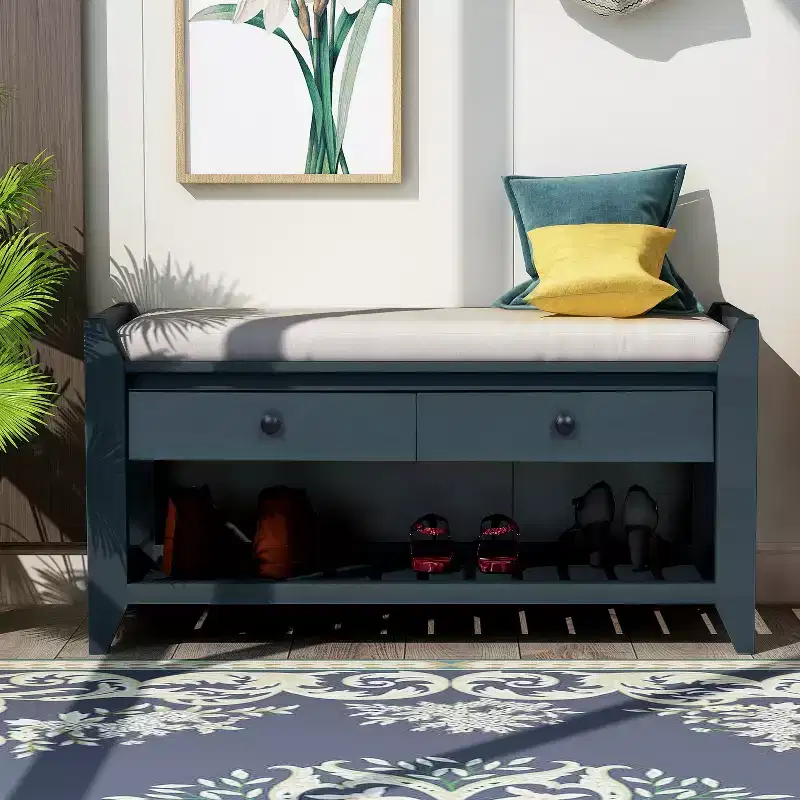 Multipurpose Storage Bench, Solid Wood Storage Bench With Open Shoe Rack, 2 Drawers, Shoe Bench With Padded Cushion for Hallway