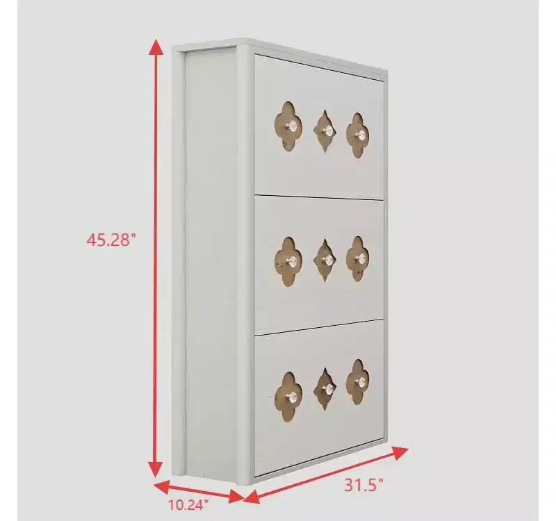 Freestanding Slim Shoe Cabinet with 3 Flip Drawers, Hidden Wood Shoe Cabinet with Hollow Out Flower Pattern and Diamond-Shaped Handles, for Home