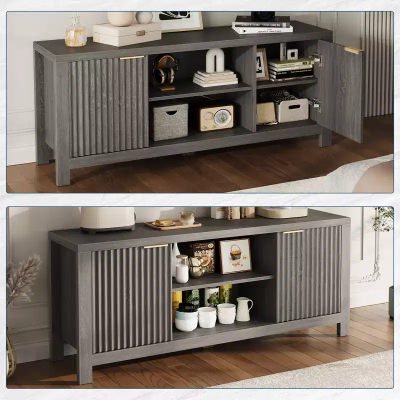 Mid-Century Modern Fluted TV Stand with Storage Cabinet, Oak Finish, Fits up to 70
