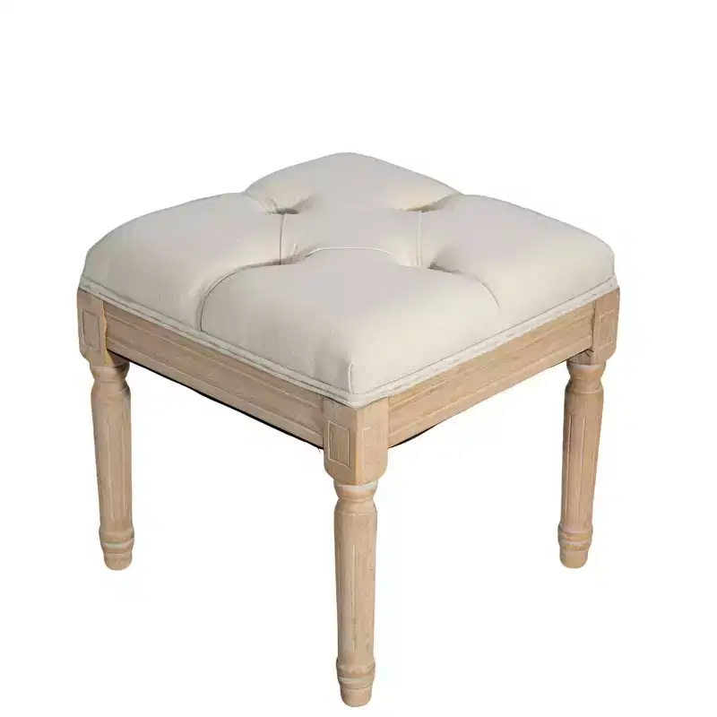 TUYOHW 15.75 Square Fabric Ottoman with Rubber Wood Legs,Tufted Footstool with Cushion,Vanity Stools for Bedroom,Dining Room,Living Room,Beige