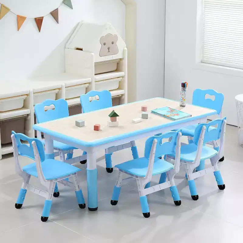 Kids Table and Chairs Set, Height Adjustable Desk with 6 Seats for Ages 2-10,Arts & Crafts Table, Graffiti Desktop, Non-Slip Legs, Max 300lbs