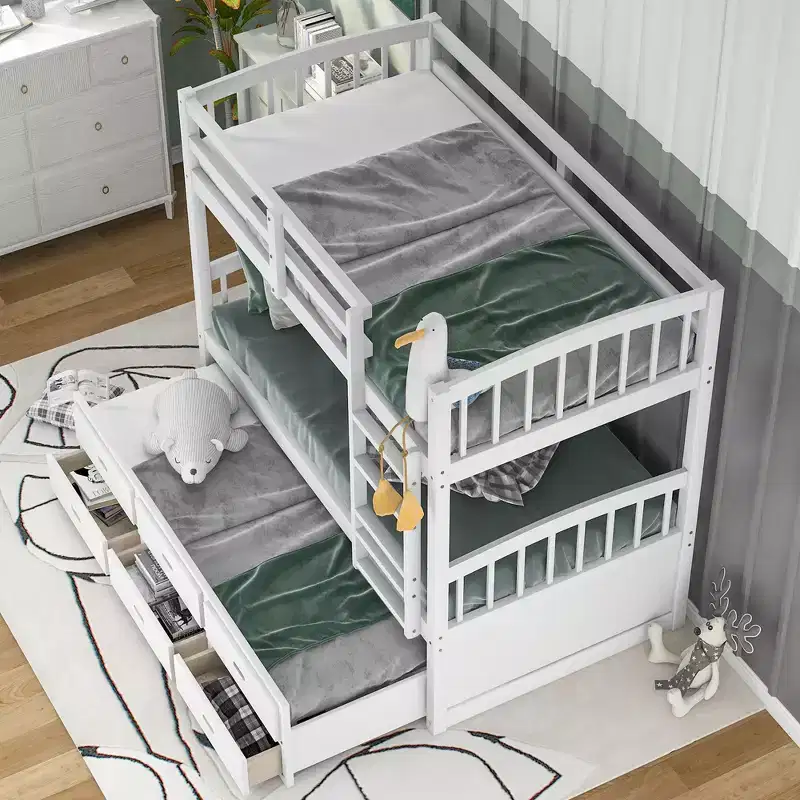Wood Twin over Twin Bunk Bed with Ladder, Trundle & Drawers