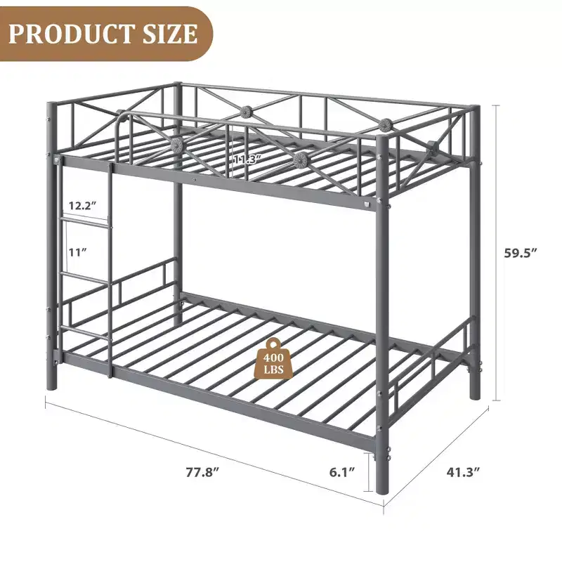 Metal Double-decker Bed, Steel Double-decker Bed with Safety Guardrail, Space-saving Design, Modern Bedroom or School