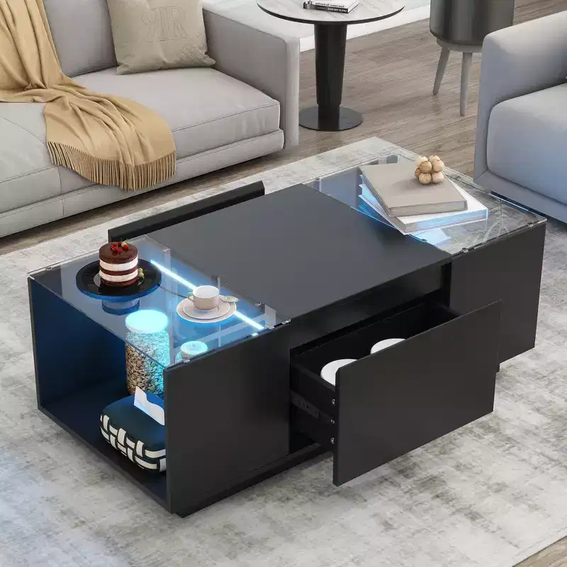 Modern Coffee Table with LED Lights, Rectangle Center Table with Storage and Drawers for Living Room