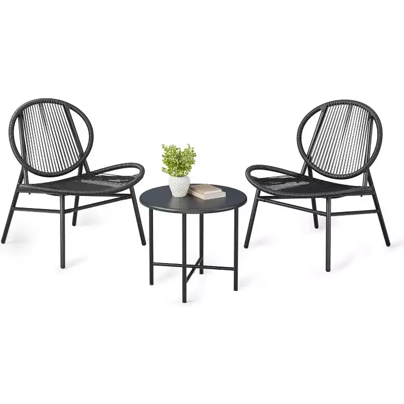 3-Piece Patio Set, All-Weather Wicker Chairs & Round Table for Balcony, Garden, Pool, Backyard - Black