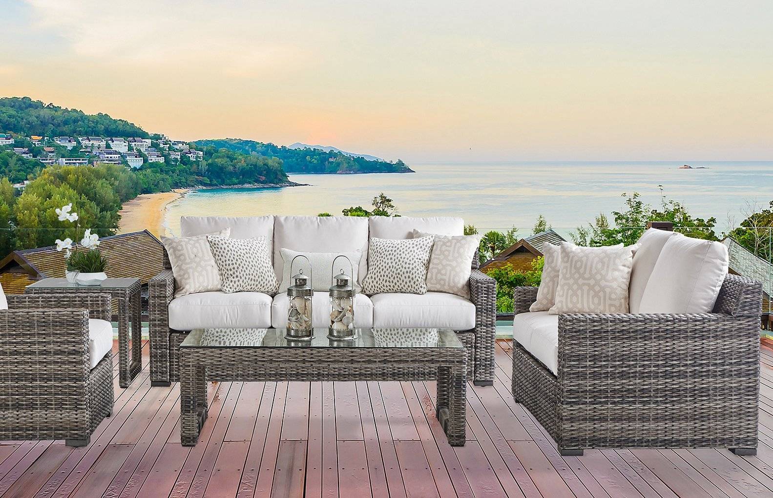 Outdoor Wicker Sofa with Cushions All-Weather Aluminum Frame Sandstone
