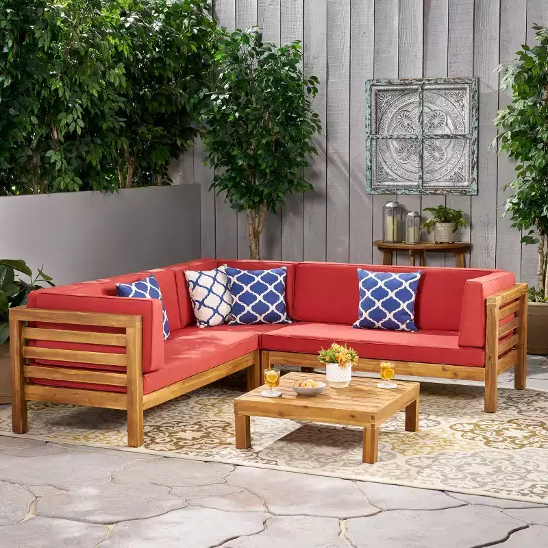 GDFStudio Cascada Outdoor Acacia Wood 5 Seater Sectional Sofa Chat Set with Cushions
