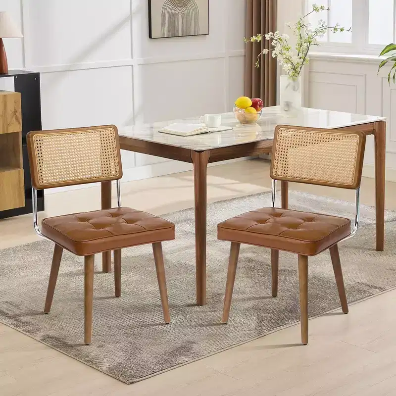 GustoWave Rattan Back Dining Chair of 2, PU Upholstered Kitchen Chairs for Dining Room, Kitchen, Restaurant, Brown