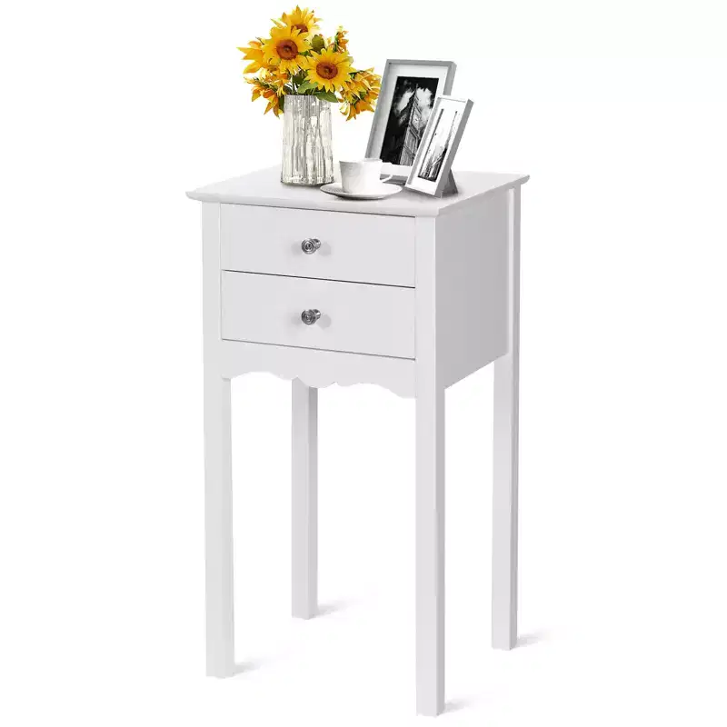 Side Table End Accent Table Night Stand W/ 2 Drawers White