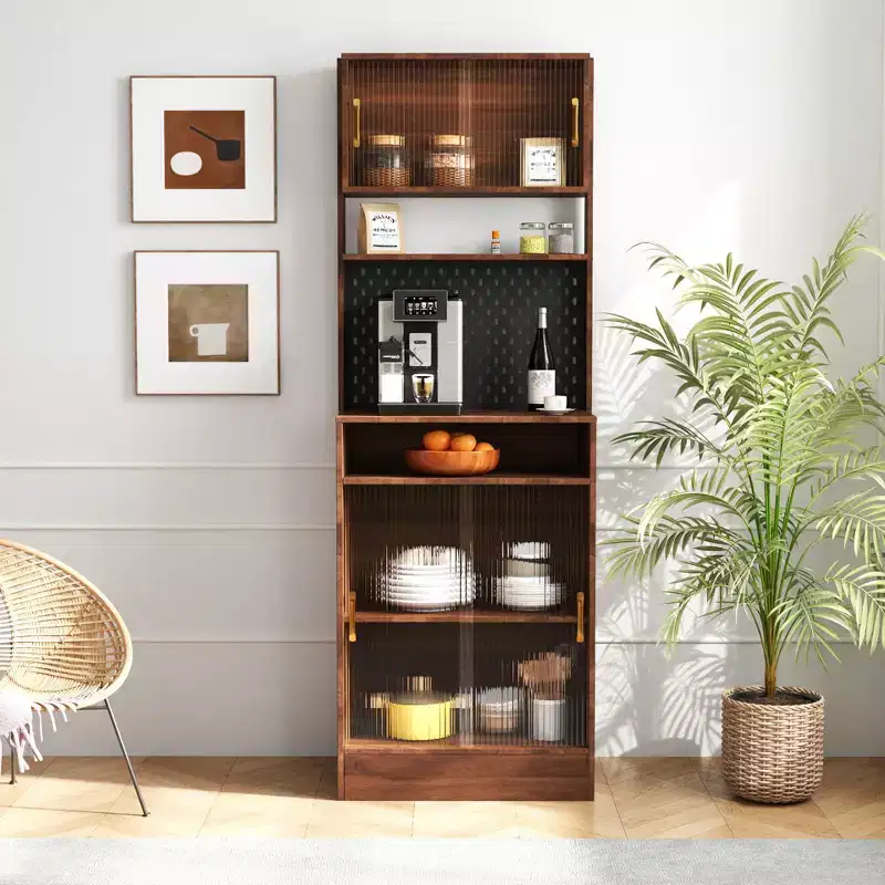 25.20'' Modern Kitchen Pantry Carbinet with 2 Sliding Glass Doors and Storage Compartments