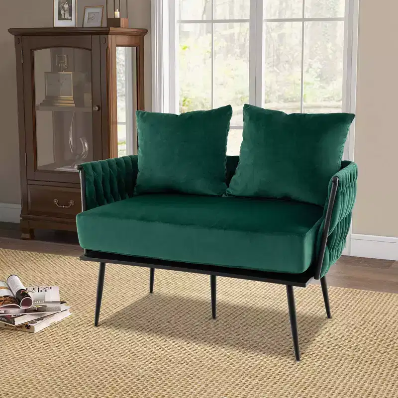 Modern Loveseat Sofa, Dutch Velvet with Woven Back and Arms, 350 lb Capacity, Green/Grey