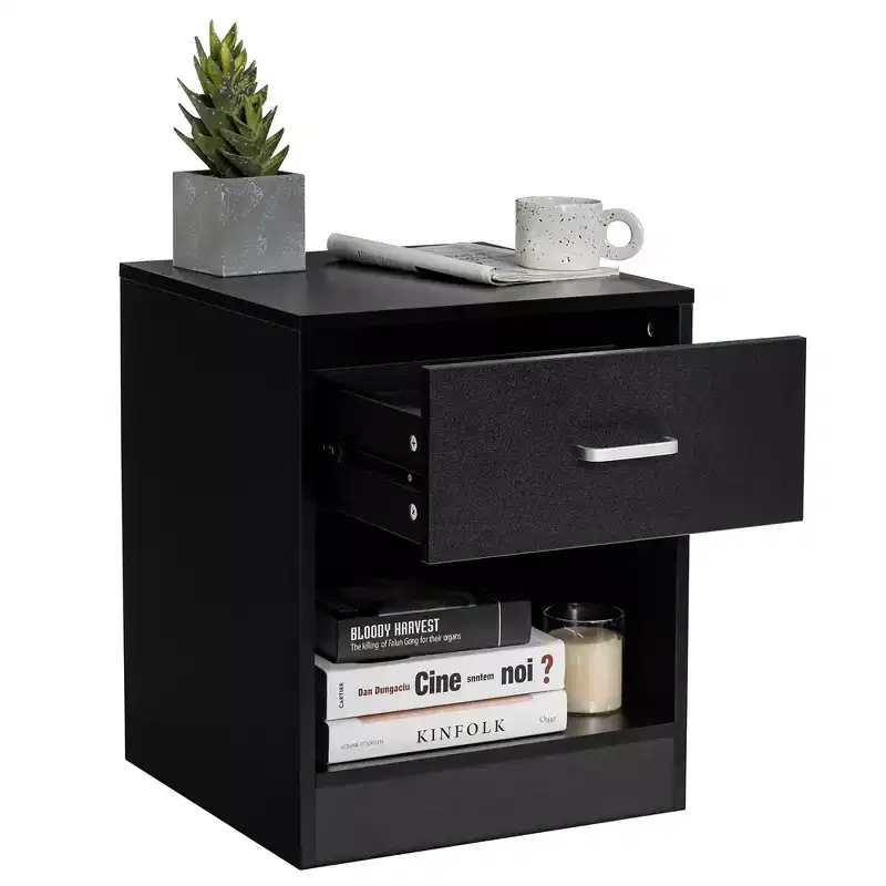 Modern Nightstand with Drawer and Open Shelf Black/Brown