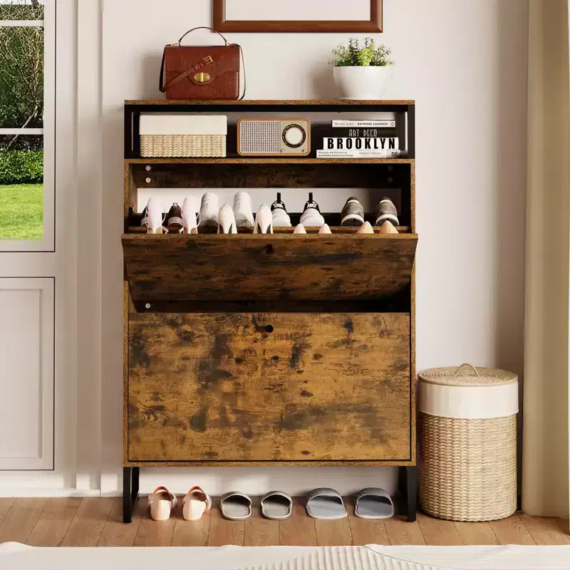 GARPROVM Mid-Century Wood Shoe Cabinet with 2 Flip Doors & Removable Shelves Entryway Shoe Storage