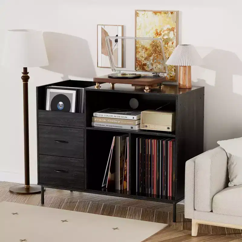 Flip-Top Record Player Stand with Storage, Turntable Shelf & Drawers Sturdy Wood & Metal Audio Media Console