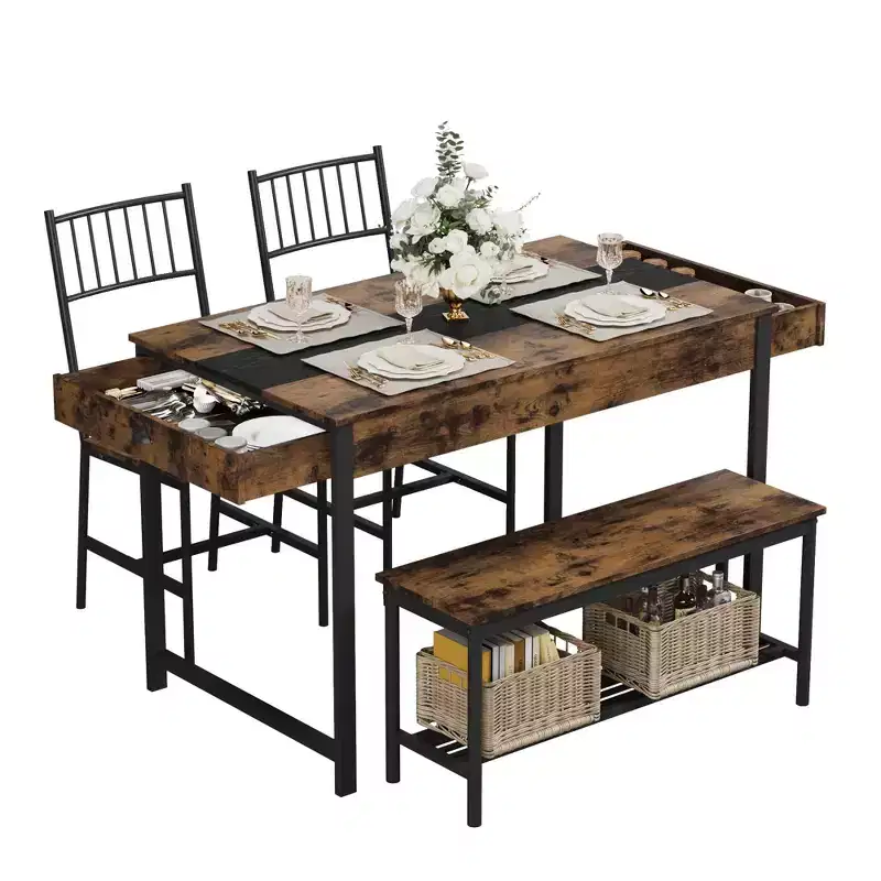 Dining Table Set for 4, Small Kitchen Table and 2 Chairs for 4 with Bench, Rectangular Farmhouse Table Set