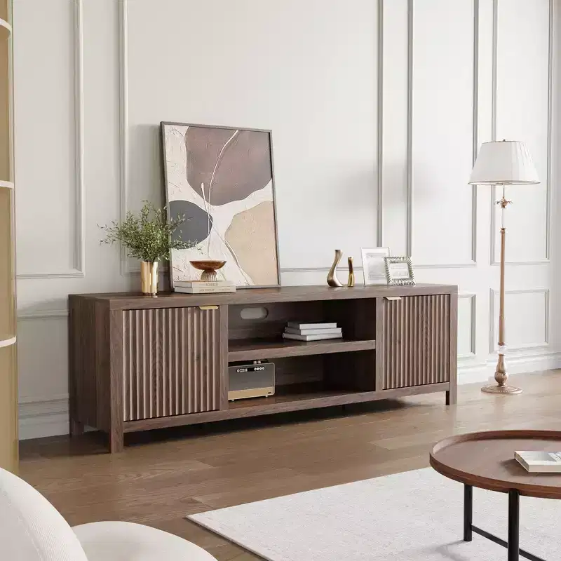 Fluted TV Stand for 80 inch, Modern Entertainment Center with Adjustable Shelves, Natural Oak TV & Media Cabinet 2-Tier Storage