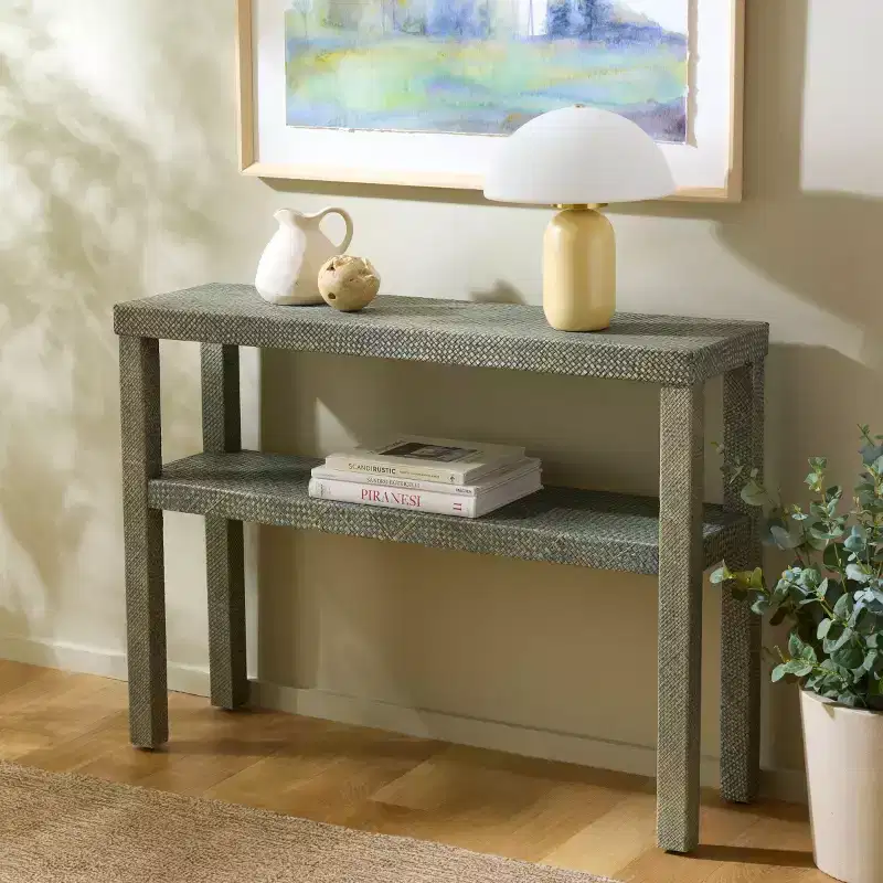 2-Shelf Console Table, Coastal Nautical Style, Wood with Lacquered Finish, Indoor Entryway Hallway Table