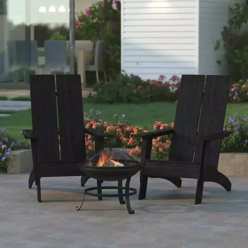 Emma and Oliver Set of 2 Modern All-Weather Poly Resin Adirondack Rocking Chairs with a Wood Burning Fire Pit for Outdoor Use