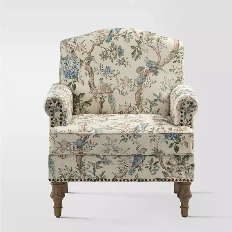Transitional Wooden Upholstered Floral Pattern Design Armchair with Panel Arms and Camelback