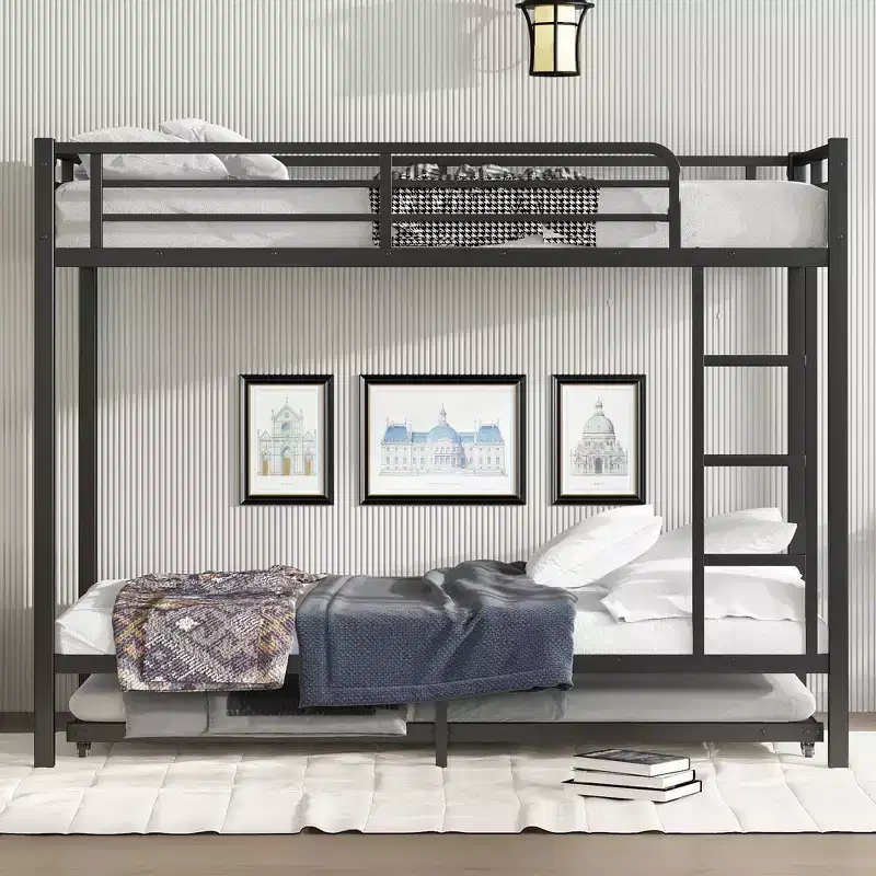 Twin XL Over Twin XL Bunk Bed with Trundle, Heavy-Duty Metal Frame, Guardrails, Noise-Free, Black