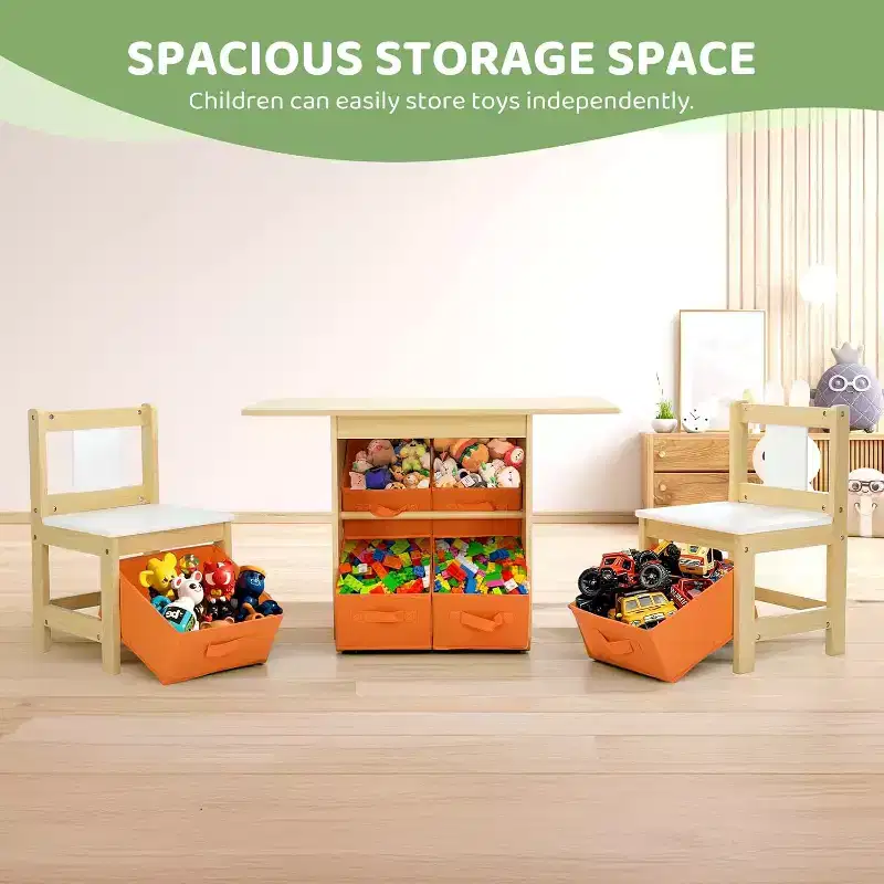 JOYMOR Kids Table & Chairs Set with 6 Drawers, Solid Wood Toddler Activity Desk for Ages 3-8, Natural
