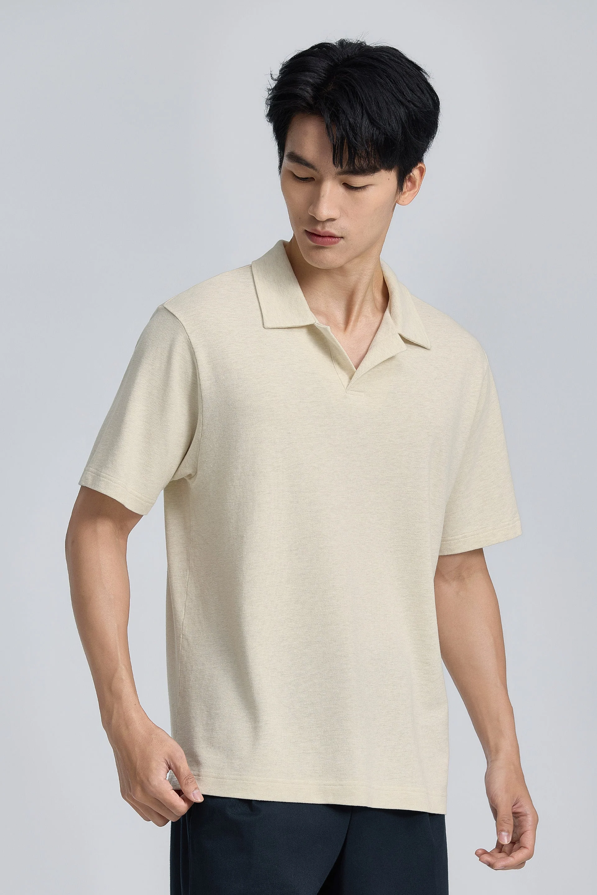 Cotton-Hemp Camp Collar Polo – Heather Light Khaki