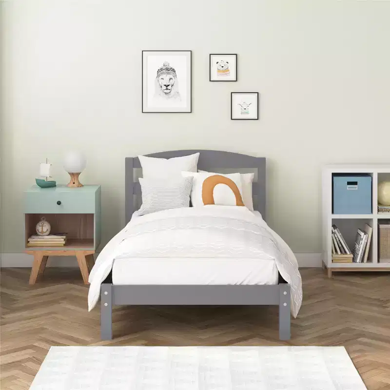 RealRooms Lilly Wooden Platform Bed with Headboard, Twin, Gray