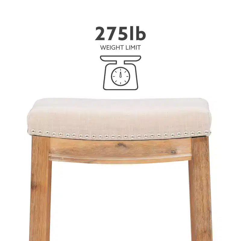 Counter Height Barstool Rustic Brown Natural Linen Upholstered Backless