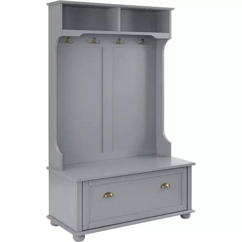 Acekool Gray Metal Hall Tree with Bench, Entryway Coat Rack Hooks & Open Storage Shelves, Compact Organizer for Entry