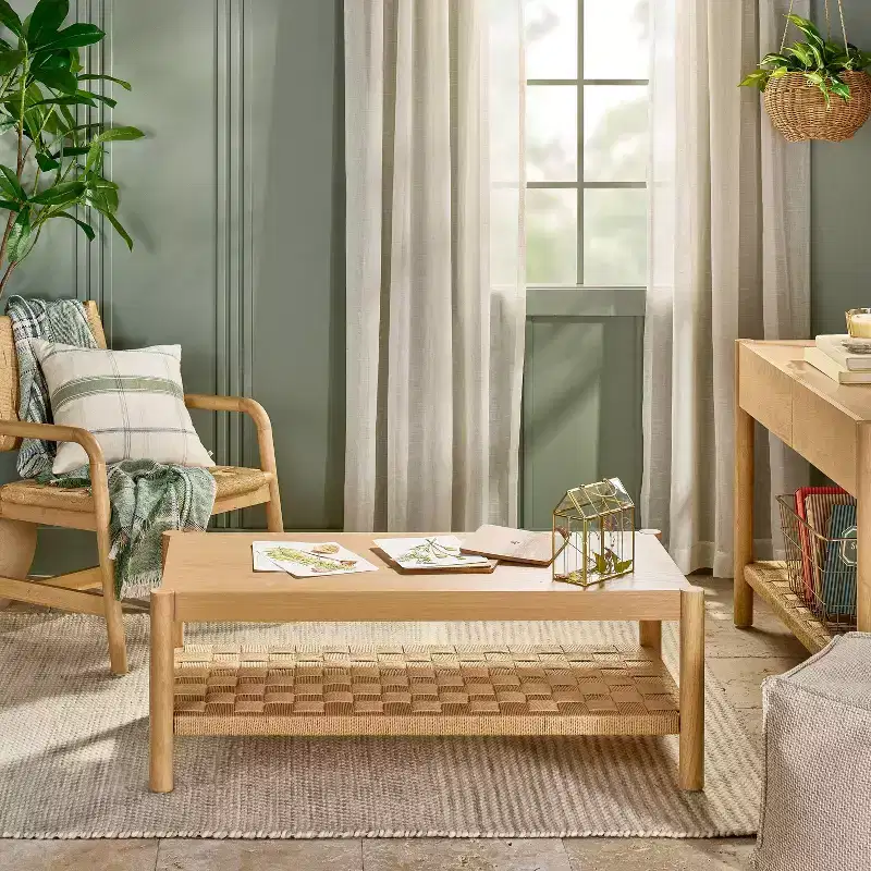 Rustic Dowel Leg Coffee Table with Woven Bottom Shelf, Light Brown