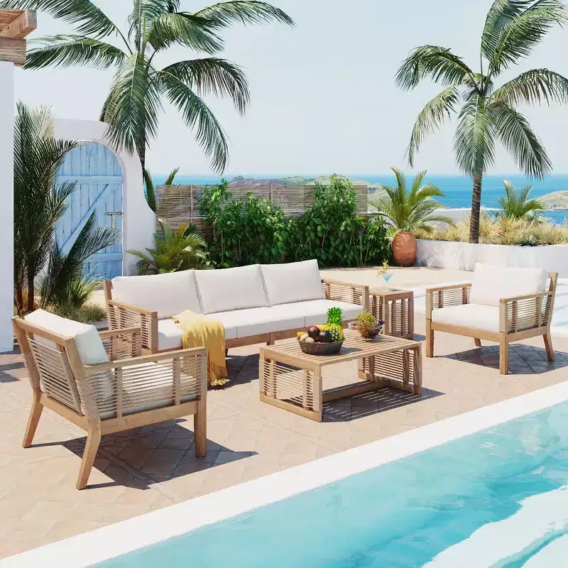 GDFStudio Brynn Patio 5 Piece Acacia Wood Seating Set with Rope Weave Design